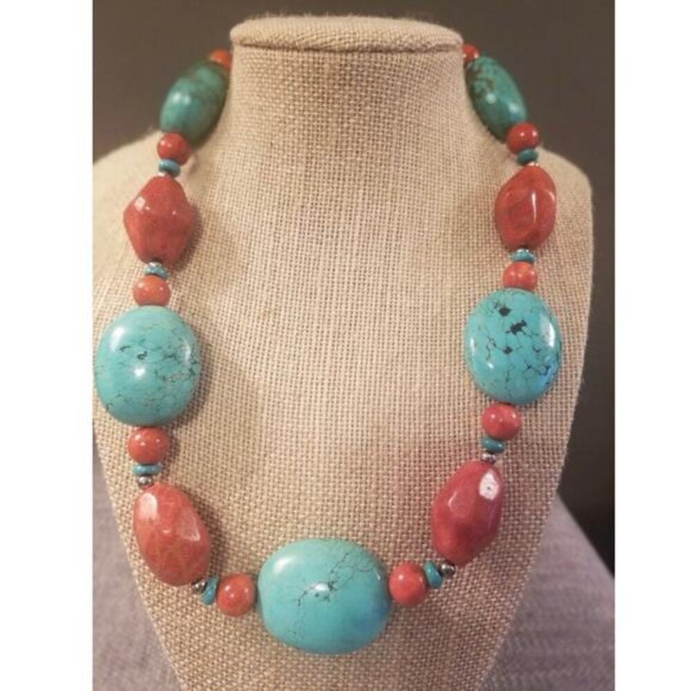 Lucas LaMeth Vintage Genuine Turquoise Red Coral 925 Sterling Silver Necklace